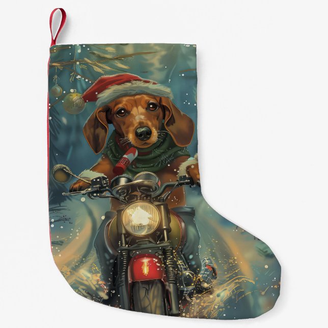 Dackel Dog Riding Motorrad Weihnachten Kleiner Weihnachtsstrumpf (Vorderseite)