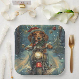 Dackel Dog Riding Motorrad Weihnachten Pappteller