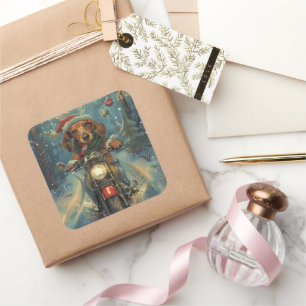 Dackel Dog Riding Motorrad Weihnachten Quadratischer Aufkleber