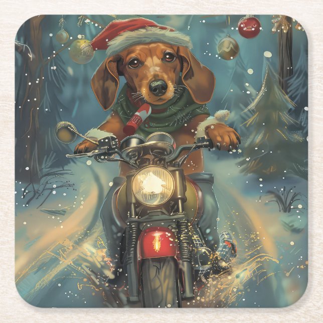 Dackel Dog Riding Motorrad Weihnachten Rechteckiger Pappuntersetzer (Vorderseite)