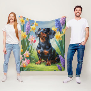Dackel Dog Spring Blumen Malerei Fleecedecke