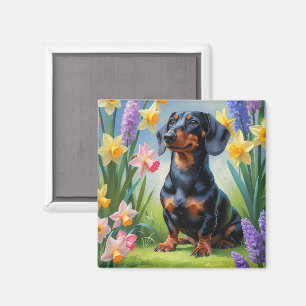 Dackel Dog Spring Blumen Malerei Magnet