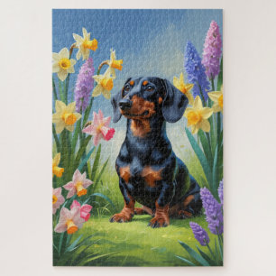 Dackel Dog Spring Blumen Malerei Puzzle