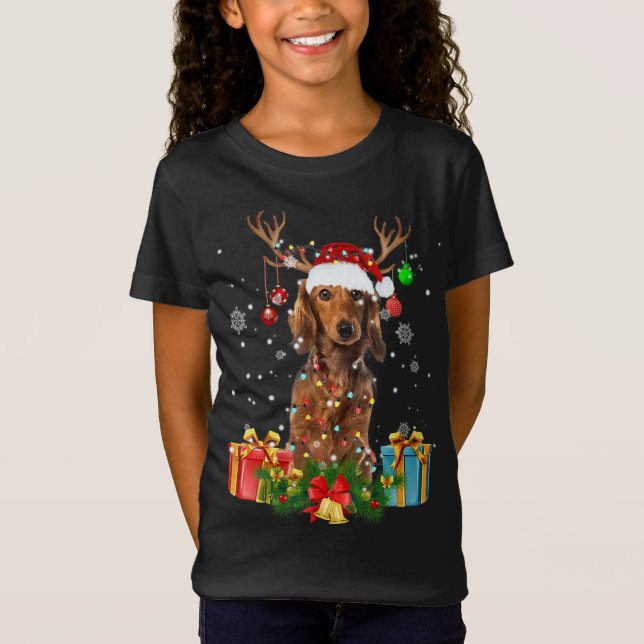Dackel Dog Tree Weihnachtslicht Hund Ugly Xmas T-Shirt (Vorderseite)
