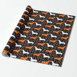 Dackel Dots White und Orange auf Schwarz Halloween Geschenkpapier