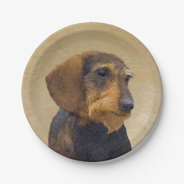 Dackel (Drahthaar) Malerei Original Dog Art Pappteller (Vorderseite)