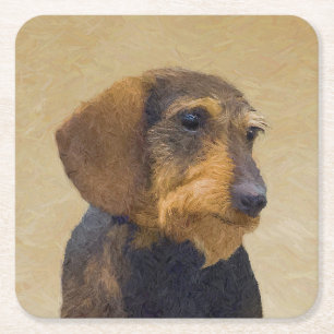 Dackel (Drahthaar) Malerei Original Dog Art Rechteckiger Pappuntersetzer