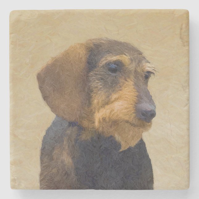 Dackel (Drahthaar) Malerei Original Dog Art Steinuntersetzer (Vorderseite)