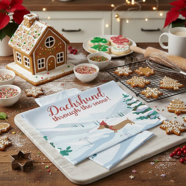 Dackel durch das Schneehandtuch Geschirrtuch (Dachshund through the snow kitchen dish towel - hostess gift or white elephant gift)