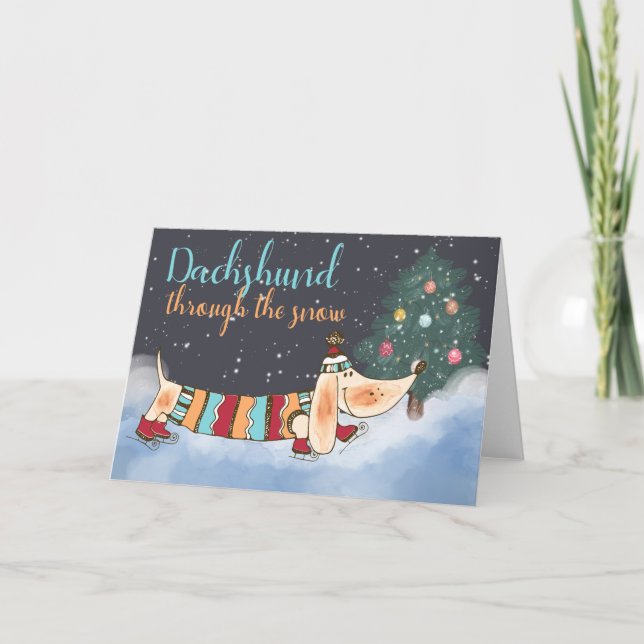 Dackel durch den Schnee Feiertagskarte (Vorderseite)