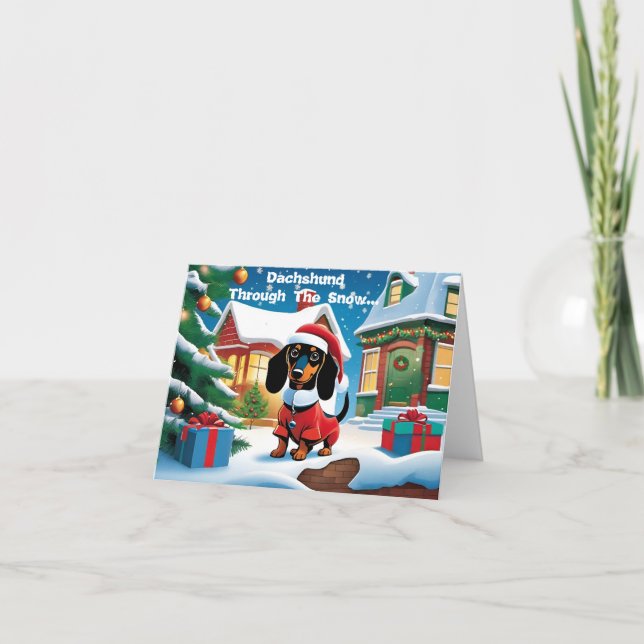 Dackel durch den Schnee... Weihnachtskarte Feiertagskarte (Vorderseite)