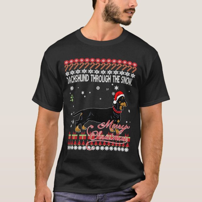 Dackel durch Weihnachten T-Shirt (Vorderseite)