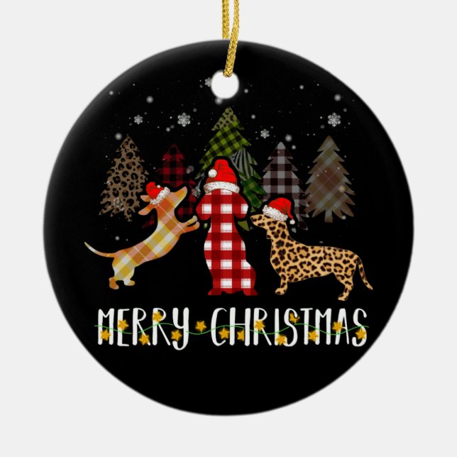 Dackel Frohe Weihnachten Niedliche Karierte Leopar Keramik Ornament (Vorne)