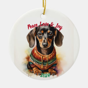 Dackel für Frieden, Liebe und Freude: Aquarell Keramik Ornament