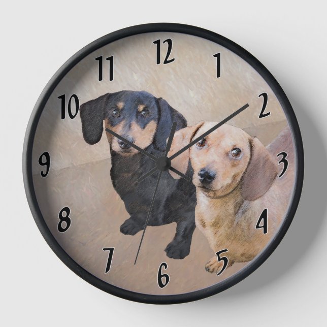 Dackel (glatt) Gemälde - Originale Hundekunst Uhr (Vorderseite)
