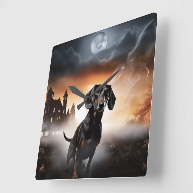 Dackel Halloween Beängstigend Quadratische Wanduhr (Winkel)
