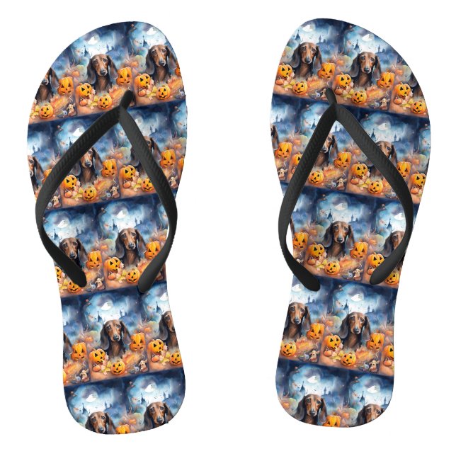 Dackel Halloween mit Pumpkins Beängstigend Flip Flops (Fußbett)