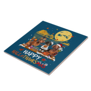 Dackel Happy Hallothanksmas Halloween Thanksgiv Fliese