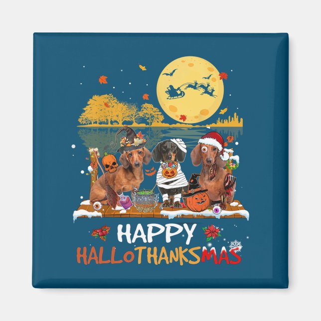 Dackel Happy Hallothanksmas Halloween Thanksgiv Magnet (Vorne)