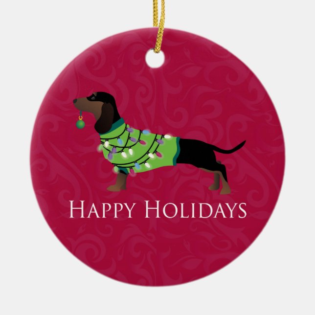 Dackel Happy Holidays Design Keramikornament (Vorne)