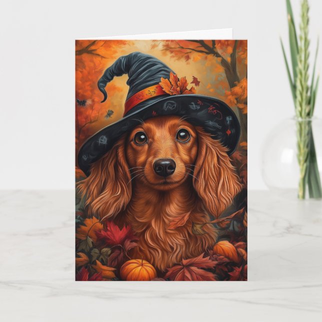 Dackel Hexe Halloween Feiertagskarte (Vorderseite)