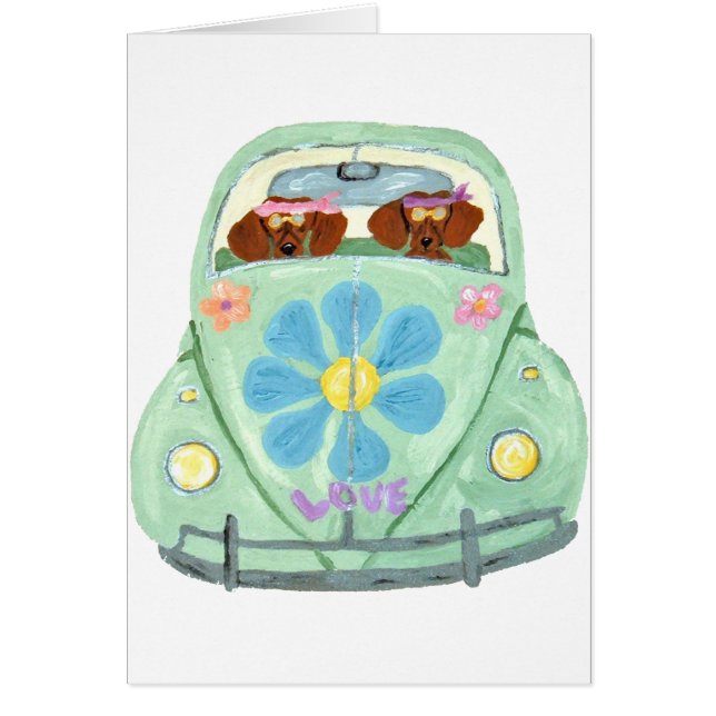 Dackel-Hippies in ihrem Blumen-Liebe-Mobile (Vorne)