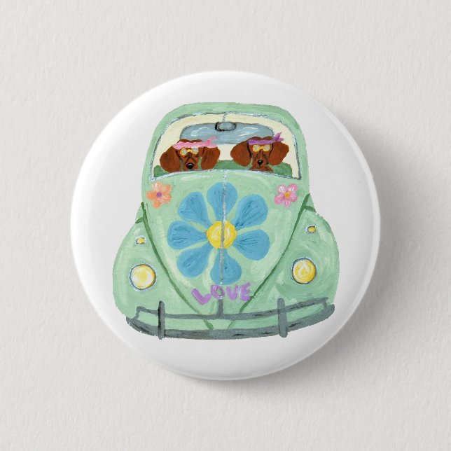 Dackel-Hippies in ihrem Blumen-Liebe-Mobile Button (Vorderseite)