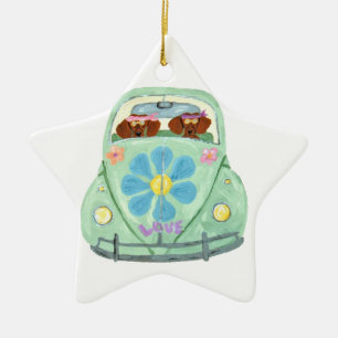 Dackel-Hippies in ihrem Blumen-Liebe-Mobile Keramik Ornament