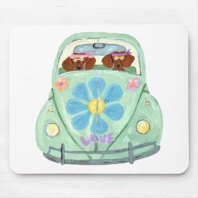 Dackel-Hippies in ihrem Blumen-Liebe-Mobile Mousepad (Vorne)