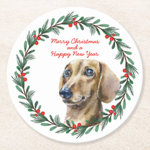 Dackel Holiday Wreath Personalisiert Weihnachten Runder Pappuntersetzer