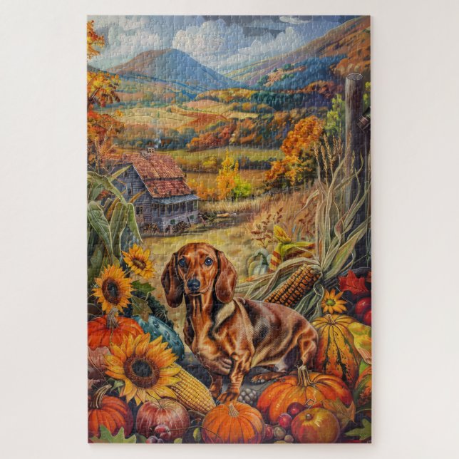Dackel Hund Herbst Ernte Erntedank Puzzle (Vertikal)