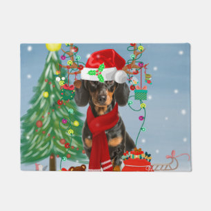 Dackel Hund im Schnee mit Weihnachtsgeschenken Fußmatte
