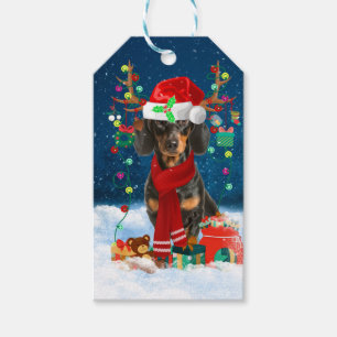 Dackel Hund im Schnee mit Weihnachtsgeschenken Geschenkanhänger