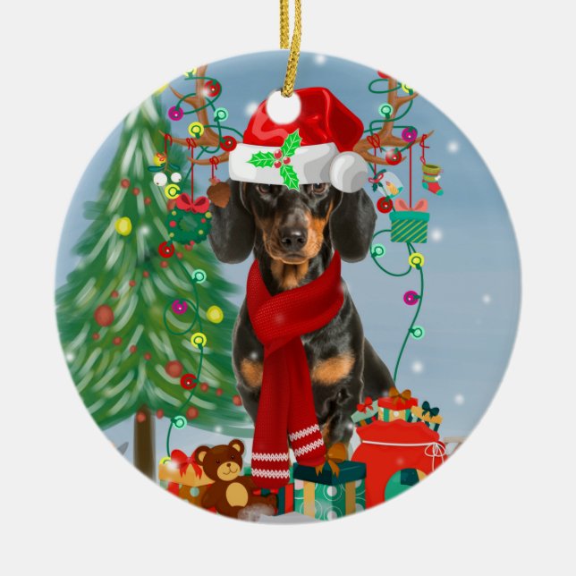 Dackel Hund im Schnee mit Weihnachtsgeschenken Keramik Ornament (Vorne)