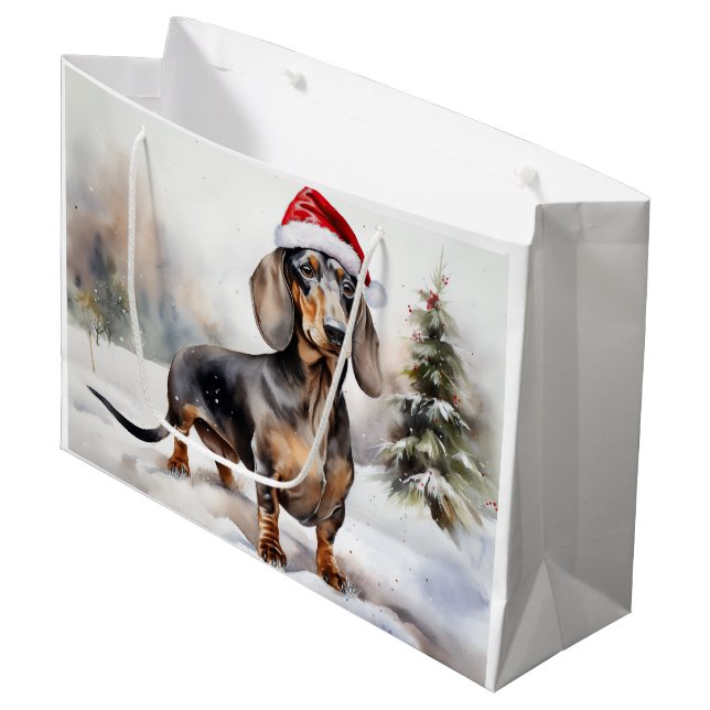Dackel Hund im Schnee Weihnachten Große Geschenktüte (Vorderseite Schrägansicht)
