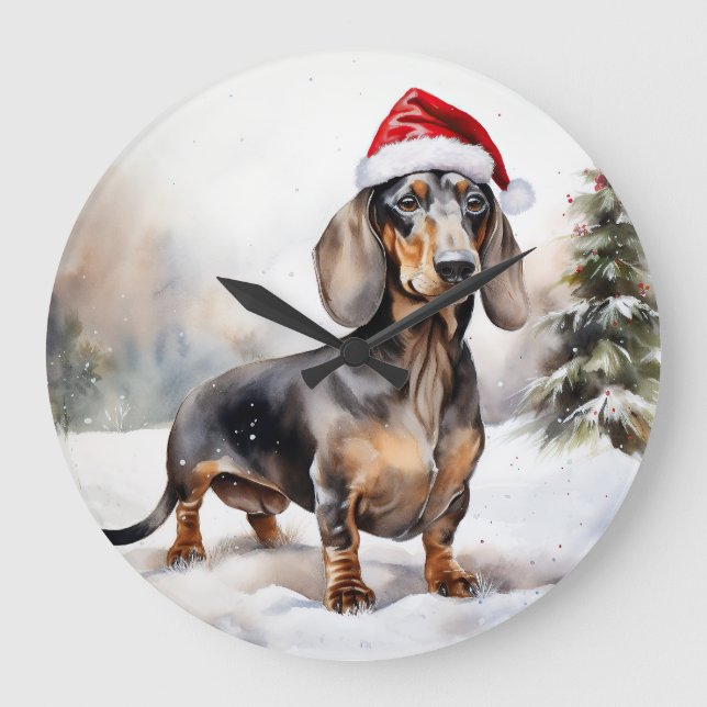 Dackel Hund im Schnee Weihnachten Große Wanduhr (Vorderseite)