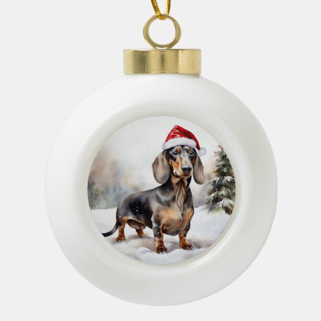 Dackel Hund im Schnee Weihnachten Keramik Kugel-Ornament (Vorderseite)