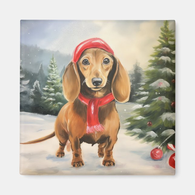 Dackel Hund im Schnee Weihnachten Magnet (Vorne)