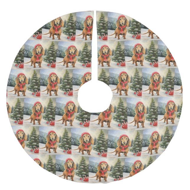 Dackel Hund im Schnee Weihnachten Polyester Weihnachtsbaumdecke (Vorderseite)