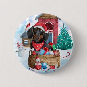 Dackel Hund im Schnee Weihnachtshundehaus Button