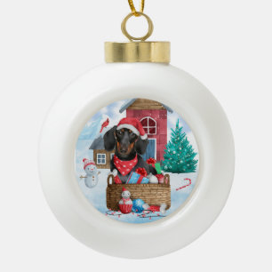 Dackel Hund im Schnee Weihnachtshundehaus Keramik Kugel-Ornament