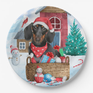 Dackel Hund im Schnee Weihnachtshundehaus Pappteller