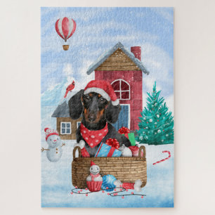 Dackel Hund im Schnee Weihnachtshundehaus Puzzle