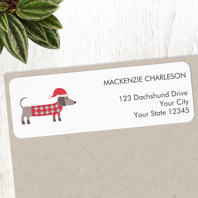 Dackel Hund in der Rücksendeadresse Weihnachtshut (Fun Dachshund Wiener Sausage Dog in a Christmas hat personalized return address label)