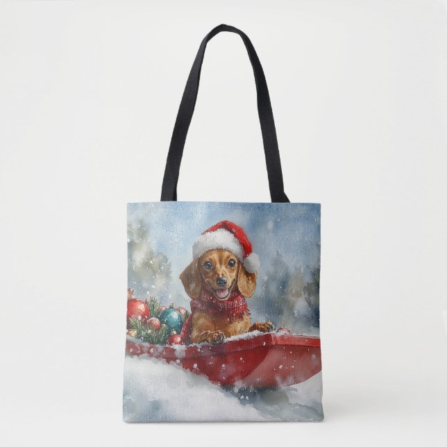 Dackel Hund in Sledge Lass es Schnee Weihnachten (Vorderseite)
