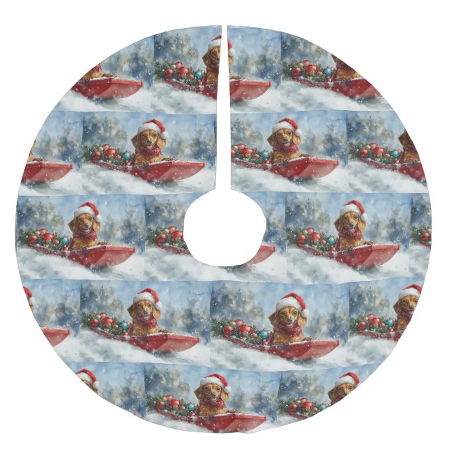 Dackel Hund in Sledge Lass es Schnee Weihnachten Polyester Weihnachtsbaumdecke (Vorderseite)