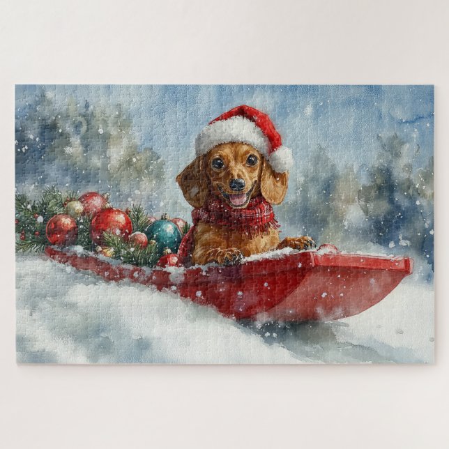 Dackel Hund in Sledge Lass es Schnee Weihnachten Puzzle (Horizontal)