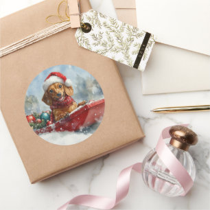 Dackel Hund in Sledge Lass es Schnee Weihnachten Runder Aufkleber