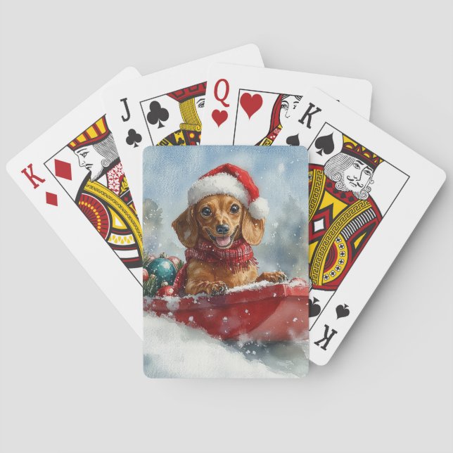 Dackel Hund in Sledge Lass es Schnee Weihnachten Spielkarten (Rückseite)