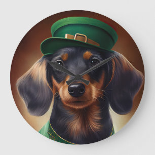 Dackel Hund in St. Patrick's Day Dress Große Wanduhr